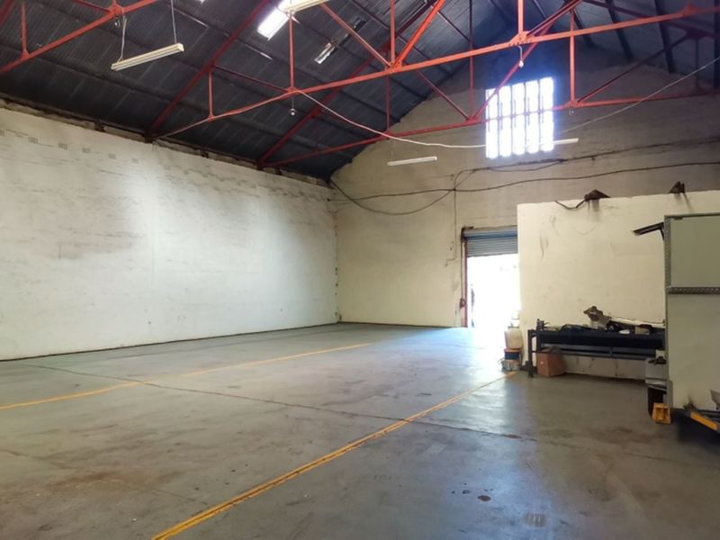 Spacious industrial warehouse featuring high ceilings with exposed steel trusses, concrete flooring, and a large roller shutter door for easy access.