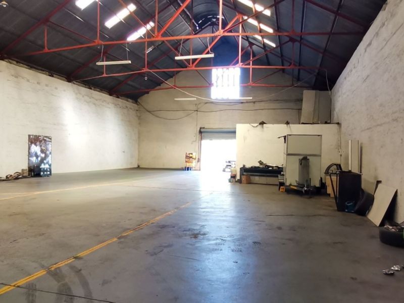 Spacious industrial warehouse featuring high ceilings with exposed steel trusses, concrete flooring, and a large roller shutter door for easy access.