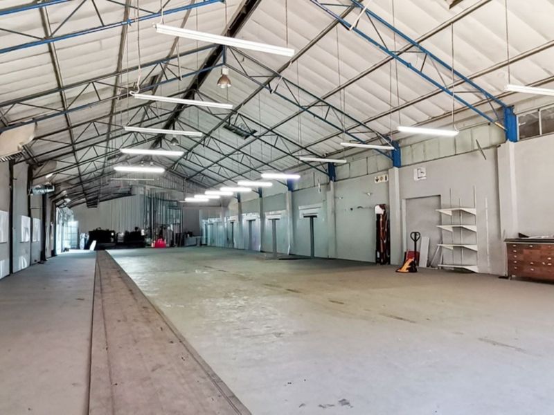 Spacious industrial utility area featuring high ceilings with exposed steel trusses, concrete flooring, and ample fluorescent lighting, suitable for warehouse or workshop use.