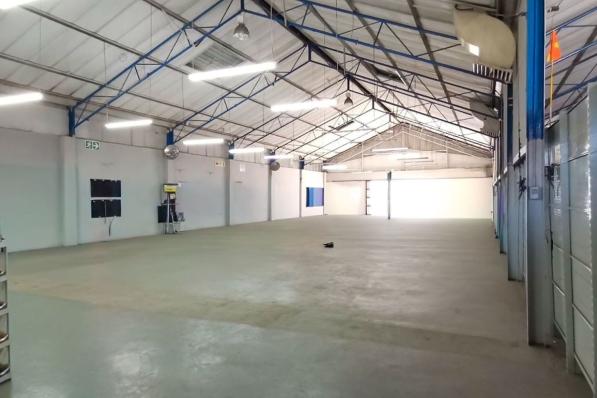 Spacious industrial retail warehouse featuring high ceilings with exposed steel trusses, concrete flooring, and ample natural light from the rear roller shutter door.