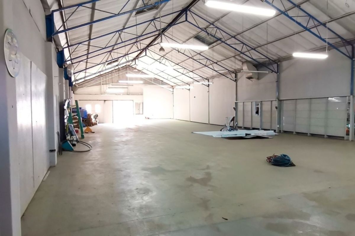 A spacious, open-plan retail or industrial utility space featuring high ceilings with exposed steel trusses, concrete flooring, and functional overhead lighting.