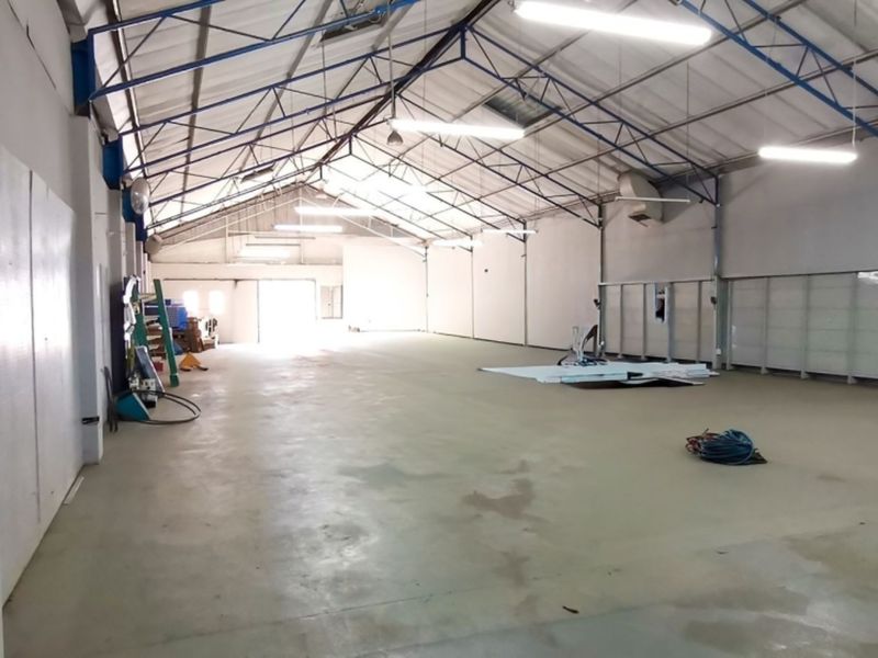 A spacious, open-plan retail or industrial utility space featuring high ceilings with exposed steel trusses, concrete flooring, and functional overhead lighting.