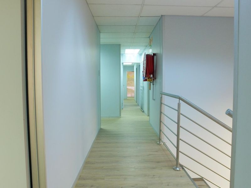 A clean, well-lit office hallway featuring laminate flooring, a suspended ceiling, and a wall-mounted fire hose reel with a stainless steel staircase balustrade.