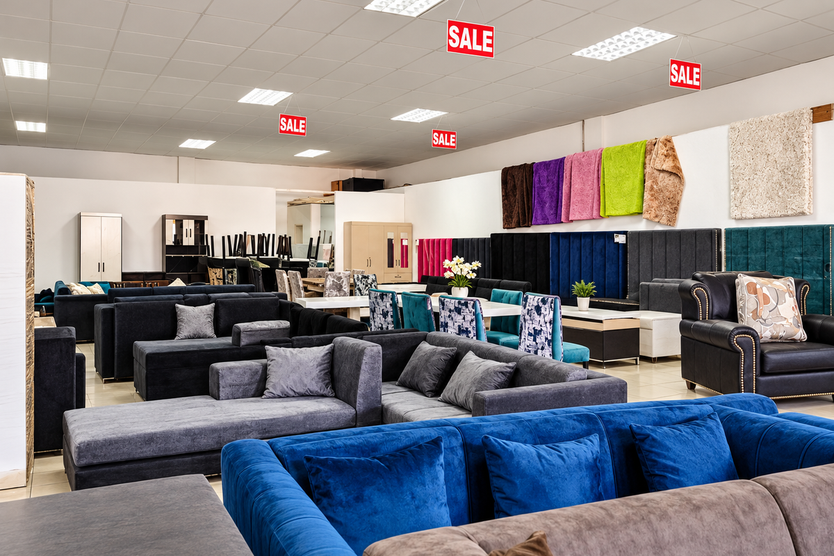 A spacious retail showroom featuring a suspended ceiling grid with recessed lighting and neutral tiled flooring, currently set up as a furniture display area.