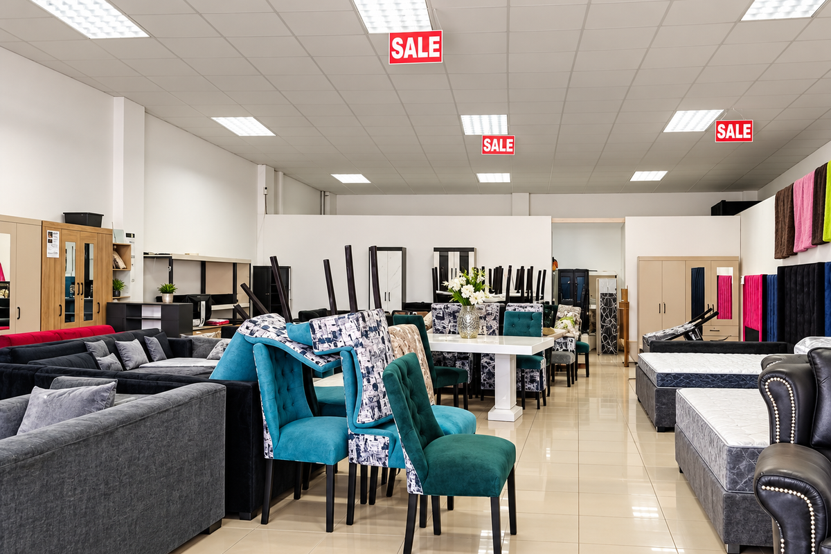 Spacious retail showroom featuring a suspended ceiling with recessed lighting and polished tiled flooring, currently utilized for furniture display.