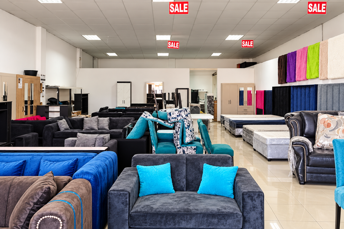 A spacious retail showroom featuring a suspended ceiling with recessed lighting and polished tiled flooring, currently utilized for furniture display.
