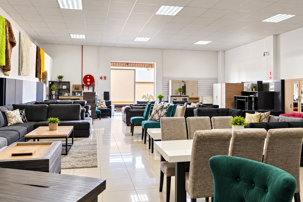 Spacious retail showroom featuring high ceilings with recessed lighting, polished tiled flooring, and a functional open-plan layout suitable for furniture display.