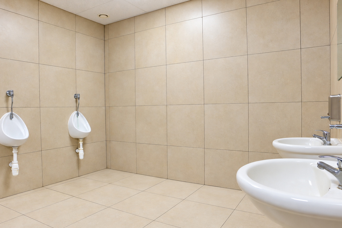 A clean, modern industrial-style communal bathroom featuring wall-mounted urinals, ceramic washbasins with chrome fixtures, and neutral floor-to-ceiling tiling.