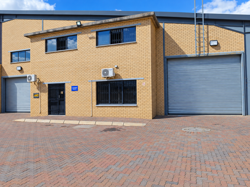 Front elevation of an industrial warehouse facility featuring multiple roller shutter doors, brick construction, and paved exterior access area.