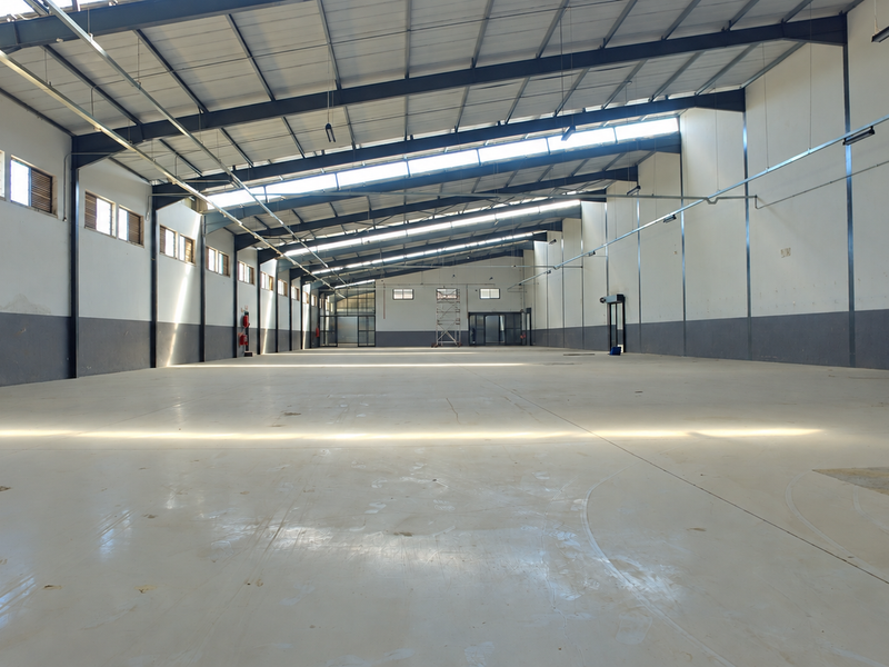 Spacious industrial warehouse featuring a high-clearance steel portal frame, polished concrete flooring, and abundant natural light through integrated skylights and side windows.