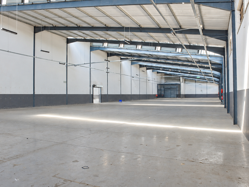 Spacious industrial warehouse featuring high ceilings, exposed steel portal frame, polished concrete flooring, and ample natural light through integrated skylights.