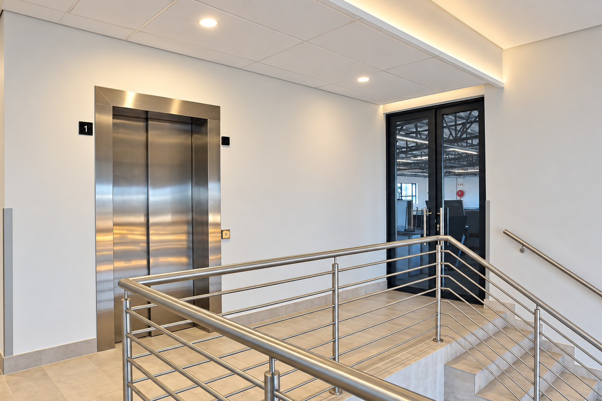Modern office hallway featuring a stainless steel elevator, tiled staircase with metal balustrade, and glass-panelled double doors leading to an office space.