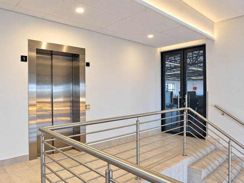 Modern office hallway featuring a stainless steel elevator, tiled staircase with metal balustrade, and glass-panelled double doors leading to an office space.