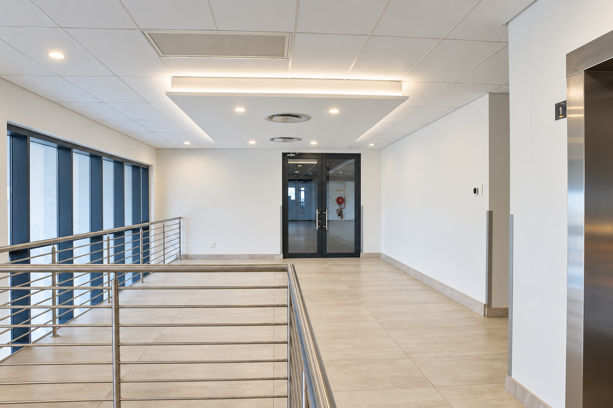 A modern, well-maintained office hallway featuring tiled flooring, a suspended ceiling with recessed lighting, a stainless steel balustrade, and access to an elevator.