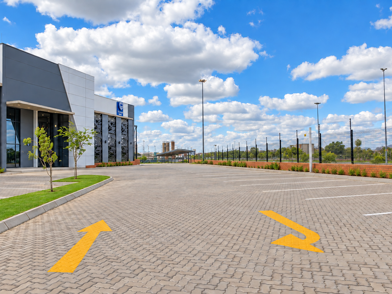 A modern office building exterior featuring a spacious paved parking area, secure perimeter fencing, and well-maintained landscaping under a clear blue sky.