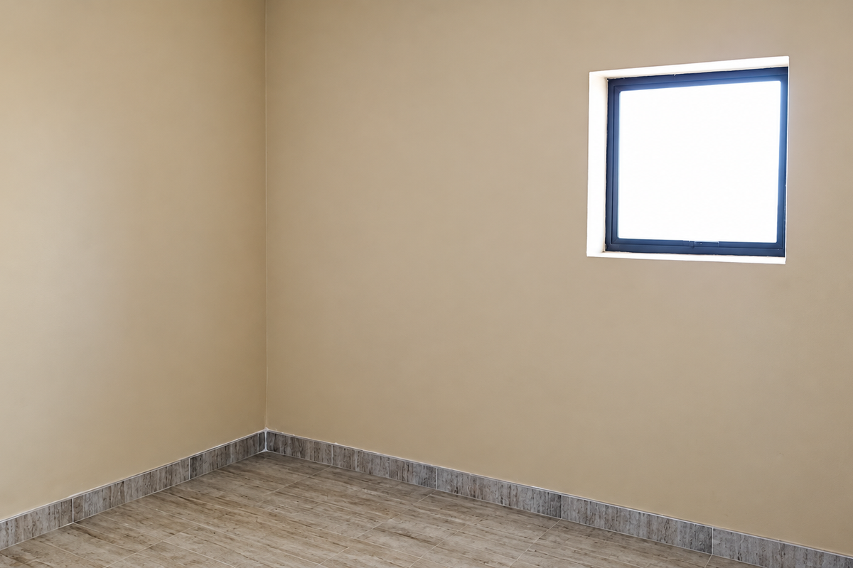 A clean, empty room featuring neutral wall paint, tiled flooring with matching skirting, and a single aluminium-framed window.