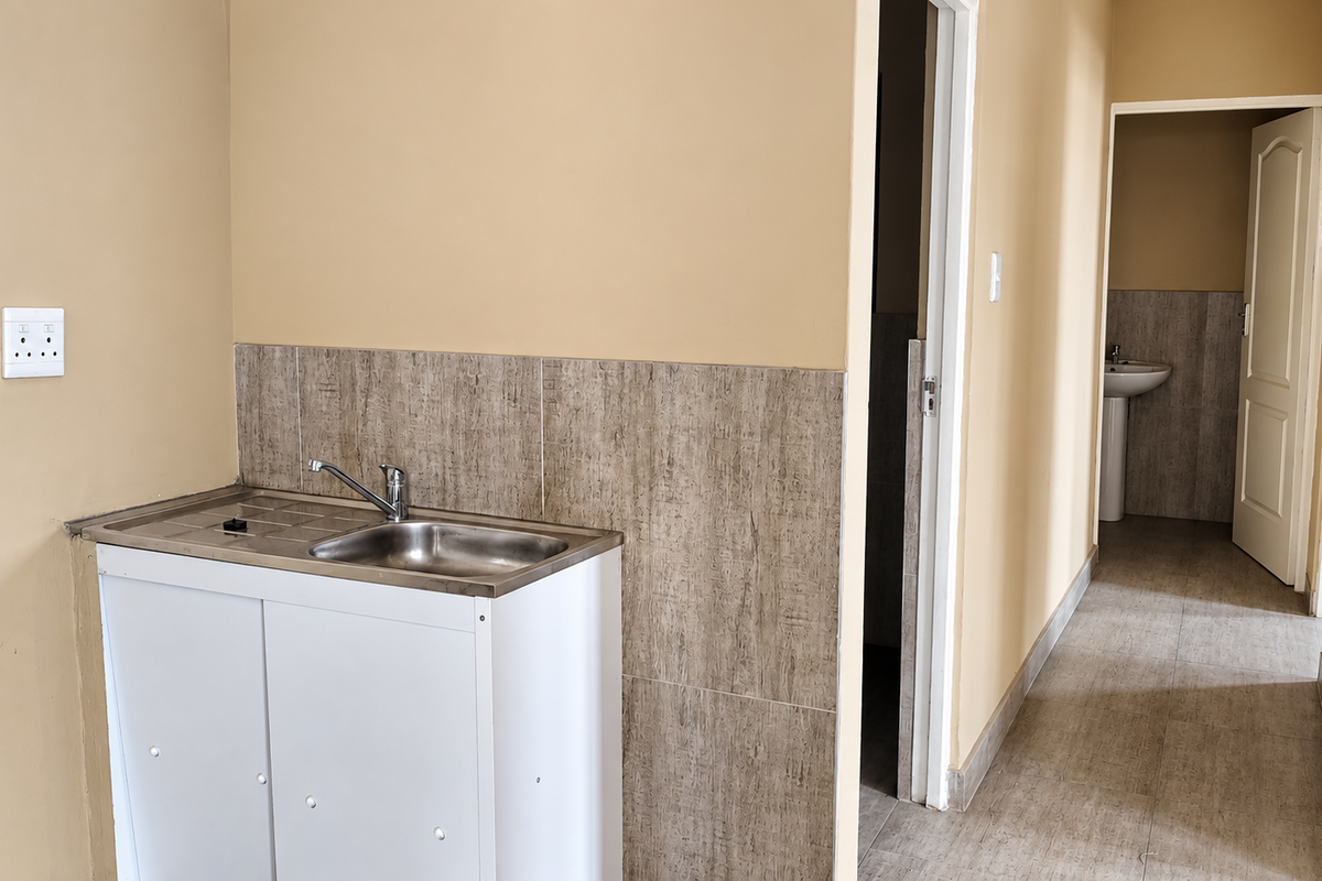 A functional kitchenette area featuring a stainless steel sink with tiled splashback, leading into a hallway with access to a bathroom with pedestal basin.