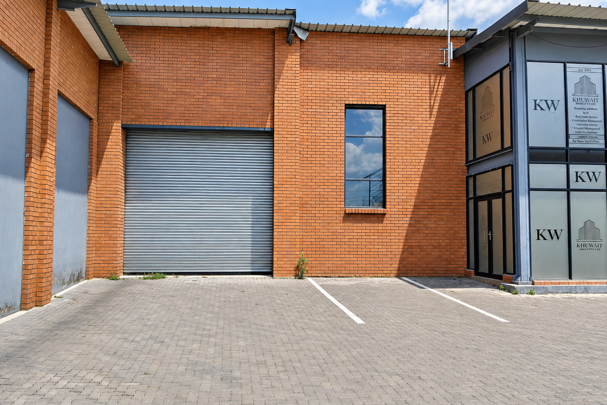 Industrial property exterior featuring a large roller shutter door, brick facade, and a modern glass-fronted office entrance with paved parking.