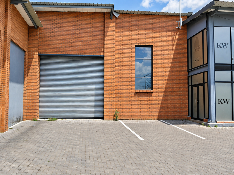 Industrial property exterior featuring a large roller shutter door, brick facade, and a modern glass-fronted office entrance with paved parking.