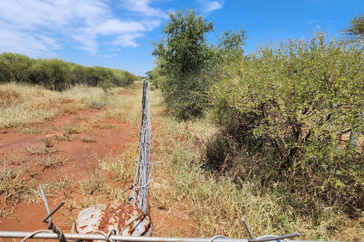 A view of the vacant land perimeter featuring wire fencing and natural bushveld vegetation under a clear blue sky.
