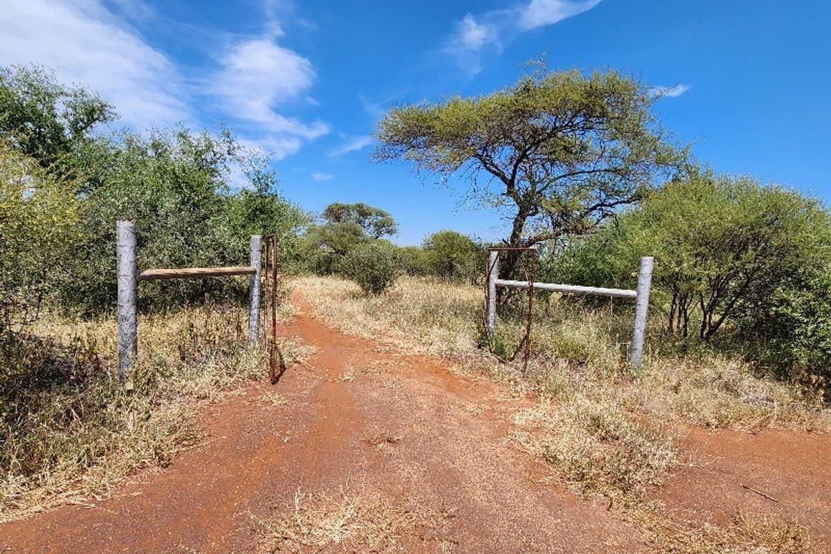 A view of the property entrance featuring a dirt access road and basic metal gate infrastructure surrounded by natural bushveld vegetation.
