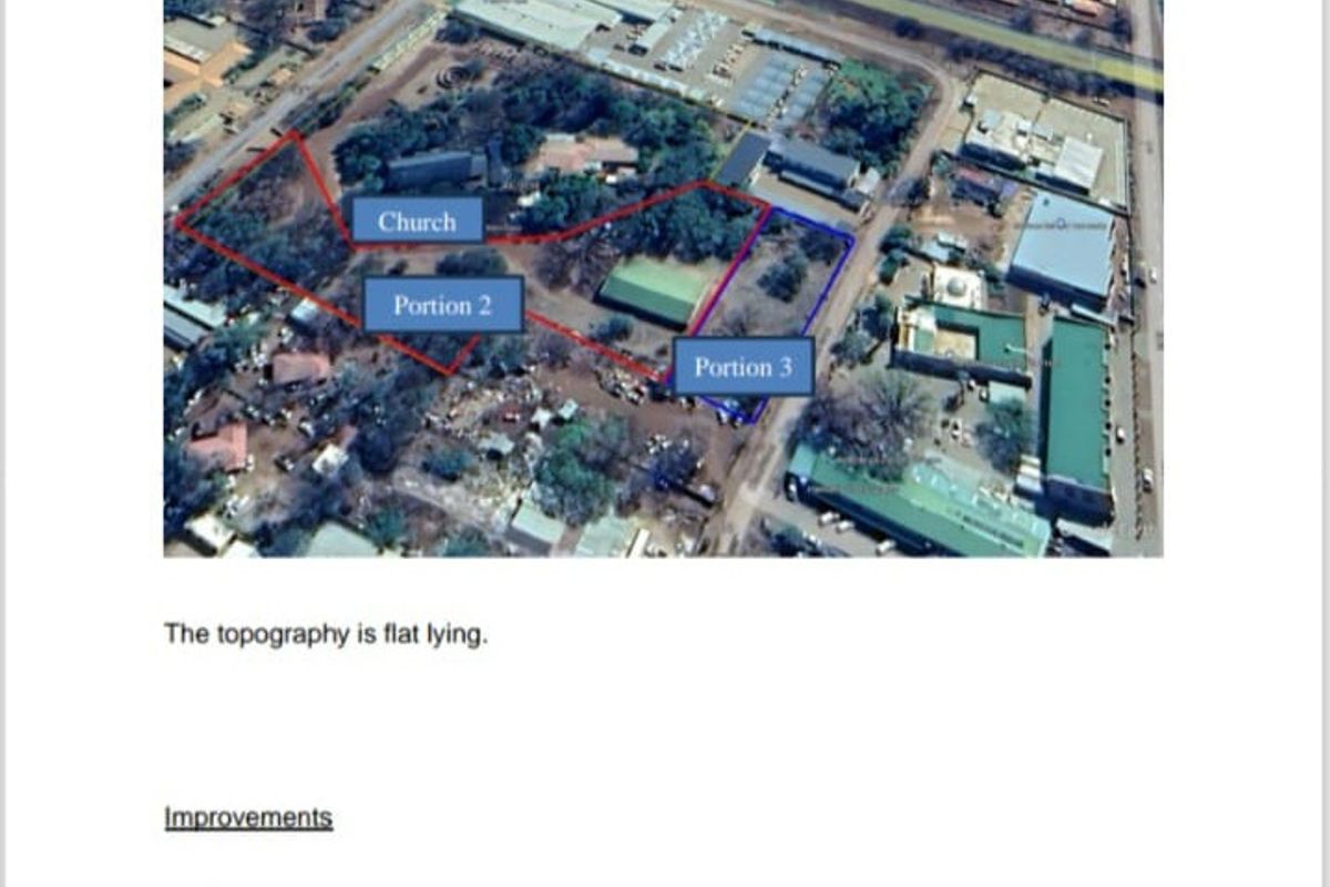 Aerial view of the subject property showing the boundaries of Portion 2 and Portion 3, including the church hall structure.