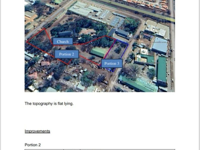 Aerial view of the subject property showing the boundaries of Portion 2 and Portion 3, including the church hall structure.