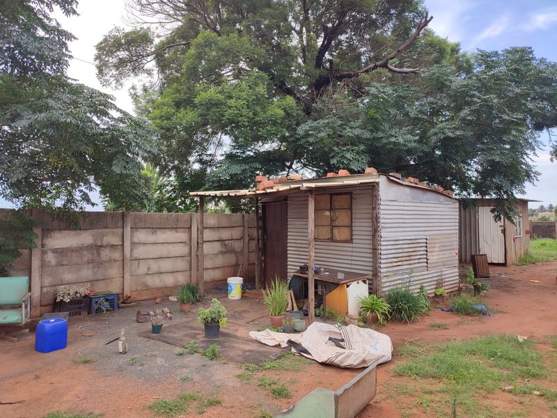 A view of a corrugated metal shed structure situated in a rear yard with a precast concrete boundary wall and mature trees.