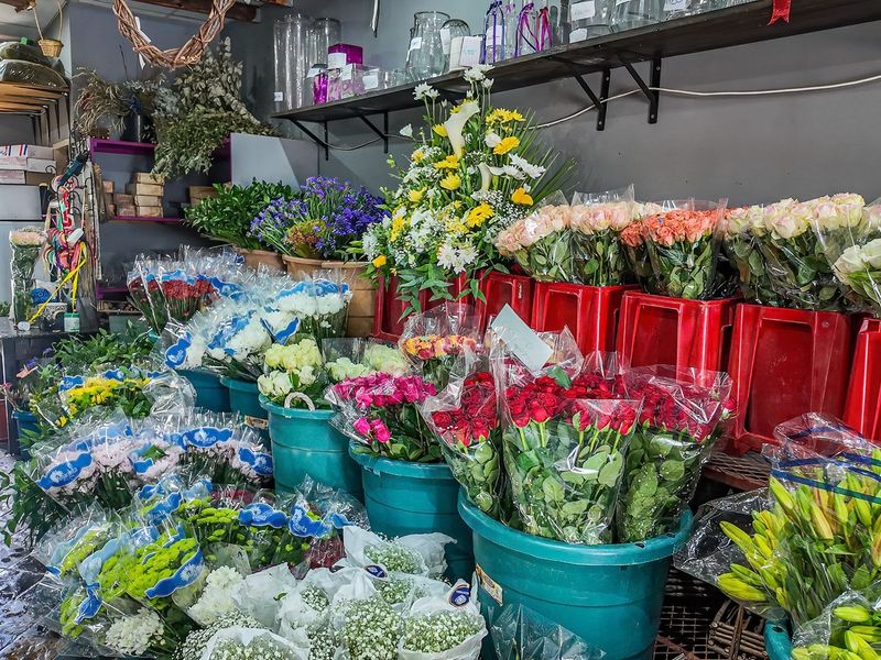 A commercial office space currently utilized as a floral retail area, featuring wall-mounted shelving, tiled flooring, and an installed air conditioning unit.