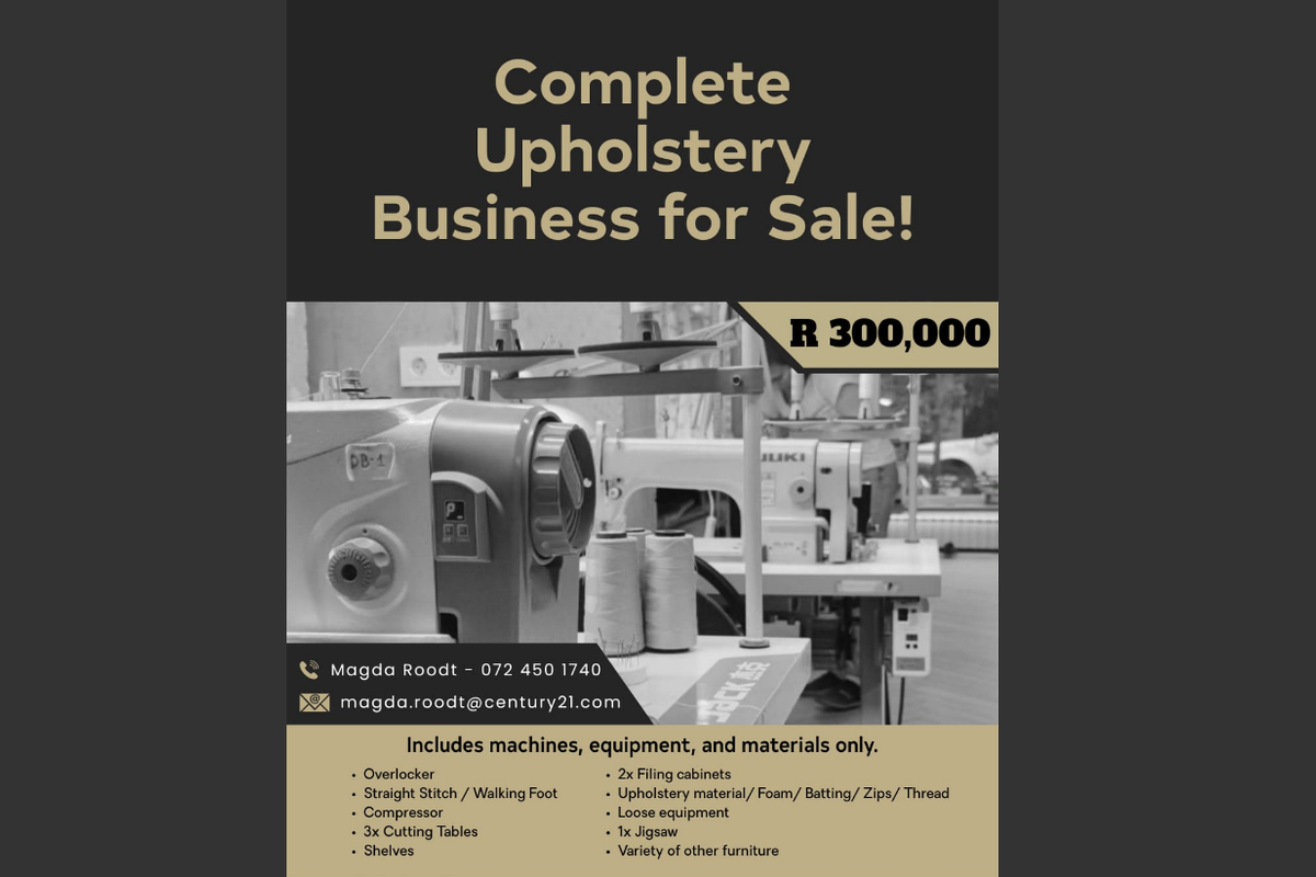 A promotional flyer for an upholstery business sale featuring industrial sewing machines and equipment.