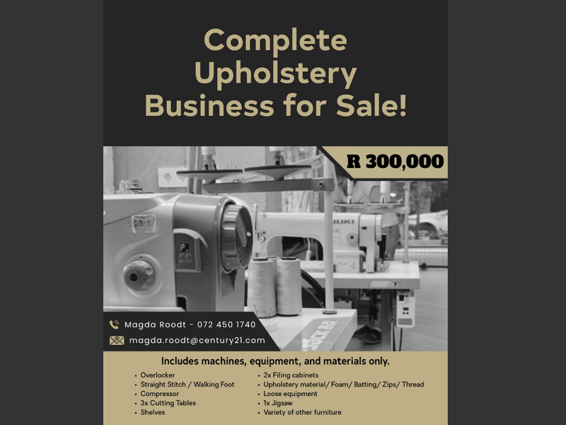 A promotional flyer for an upholstery business sale featuring industrial sewing machines and equipment.