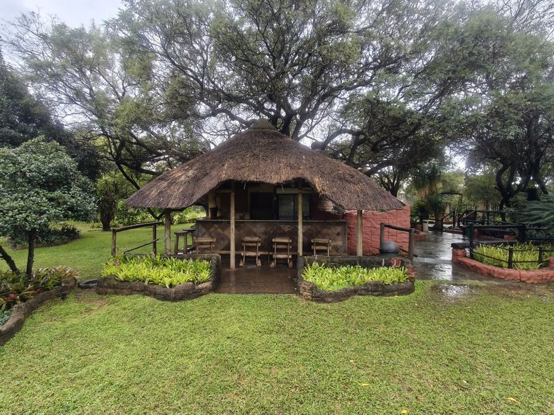 An outdoor thatched-roof bar area set within a lush garden, featuring built-in counter space and rustic stone masonry elements.