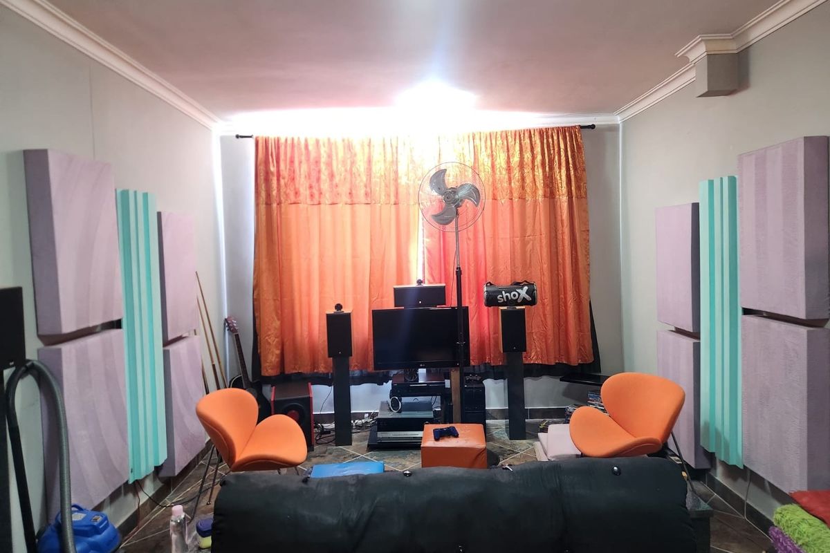 A living room space featuring tiled flooring, crown molding, and installed acoustic wall panels, currently utilized as a media or entertainment area.