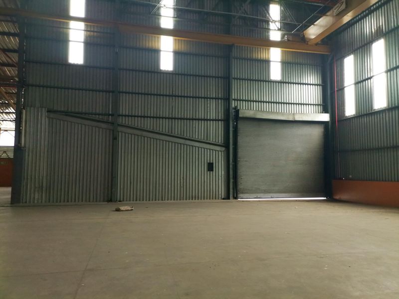 Spacious industrial warehouse interior featuring high ceilings, concrete flooring, corrugated metal walls, and a large roller shutter door for vehicle access.