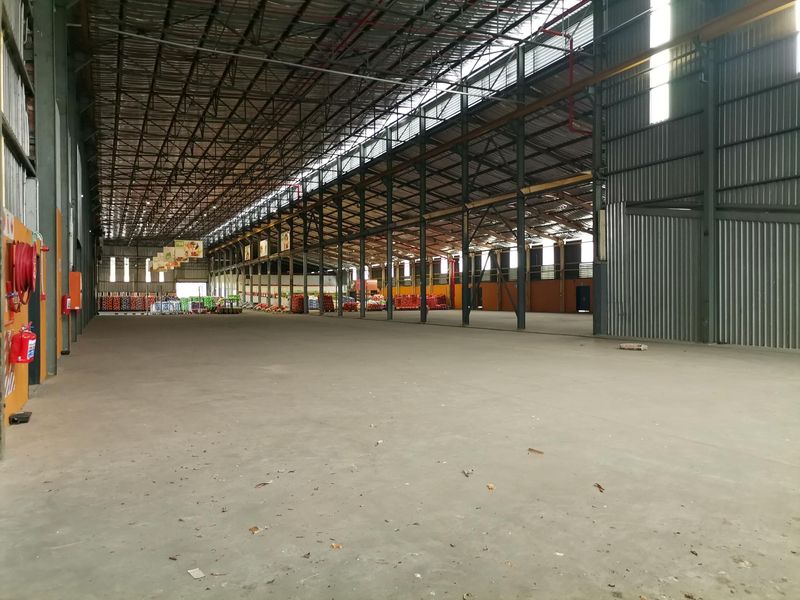 Expansive industrial warehouse space featuring high ceilings, steel portal frame construction, concrete flooring, and integrated fire safety equipment.