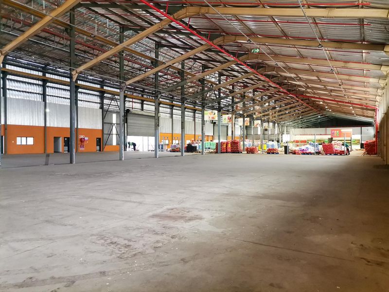 Expansive industrial warehouse space featuring a high-clearance steel portal frame, concrete flooring, and an integrated fire sprinkler system.
