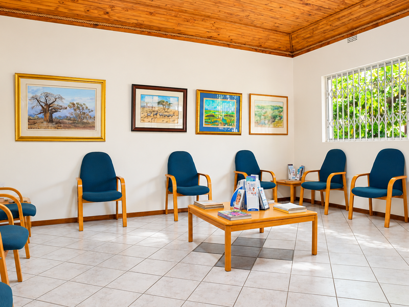 A well-maintained office waiting area featuring ceramic tile flooring, a warm timber ceiling, and a large window with security bars.
