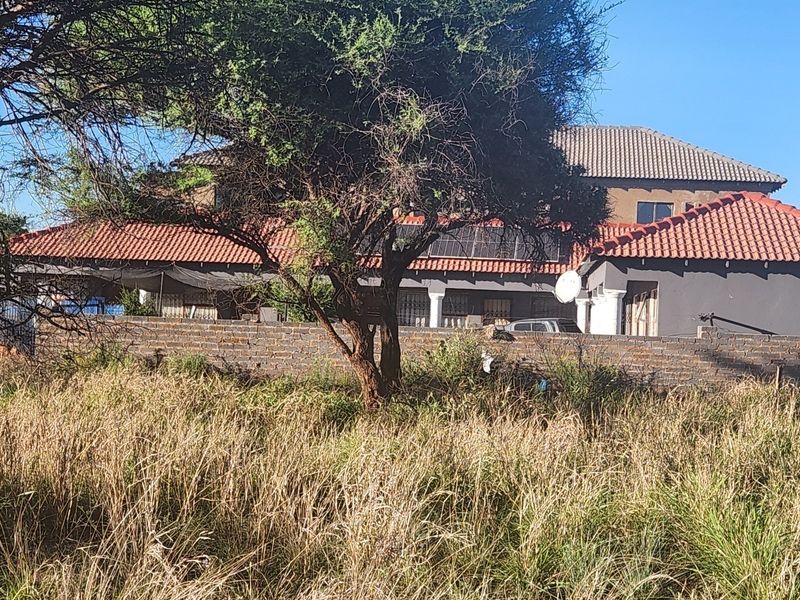 View of the rear elevation of the property featuring a tiled roof, solar panels, and a brick boundary wall, set behind overgrown vegetation.