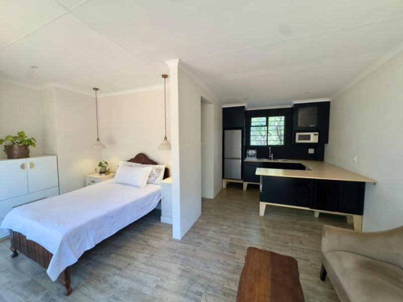 An open-plan studio apartment featuring a modern kitchen with dark cabinetry and a combined sleeping area with wood-look tile flooring throughout.