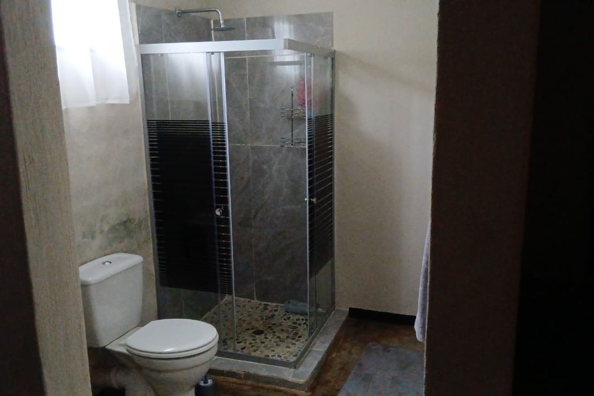 A compact bathroom featuring a glass-enclosed shower with pebble flooring and a standard toilet, requiring some maintenance to address wall staining.