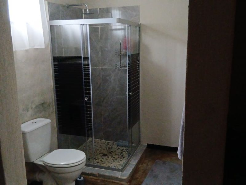 A compact bathroom featuring a glass-enclosed shower with pebble flooring and a standard toilet, requiring some maintenance to address wall staining.