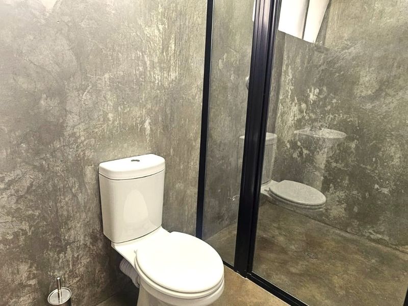 Modern bathroom featuring industrial-style concrete walls, a wall-mounted basin, and a walk-in shower with a sleek black frame.