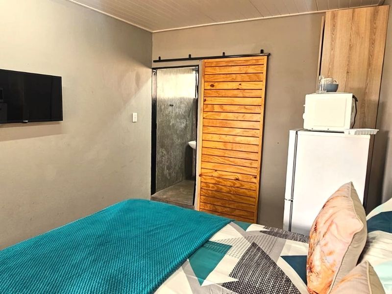 A compact bedroom featuring a sliding wooden barn door, built-in storage cabinetry, and neutral wall finishes.
