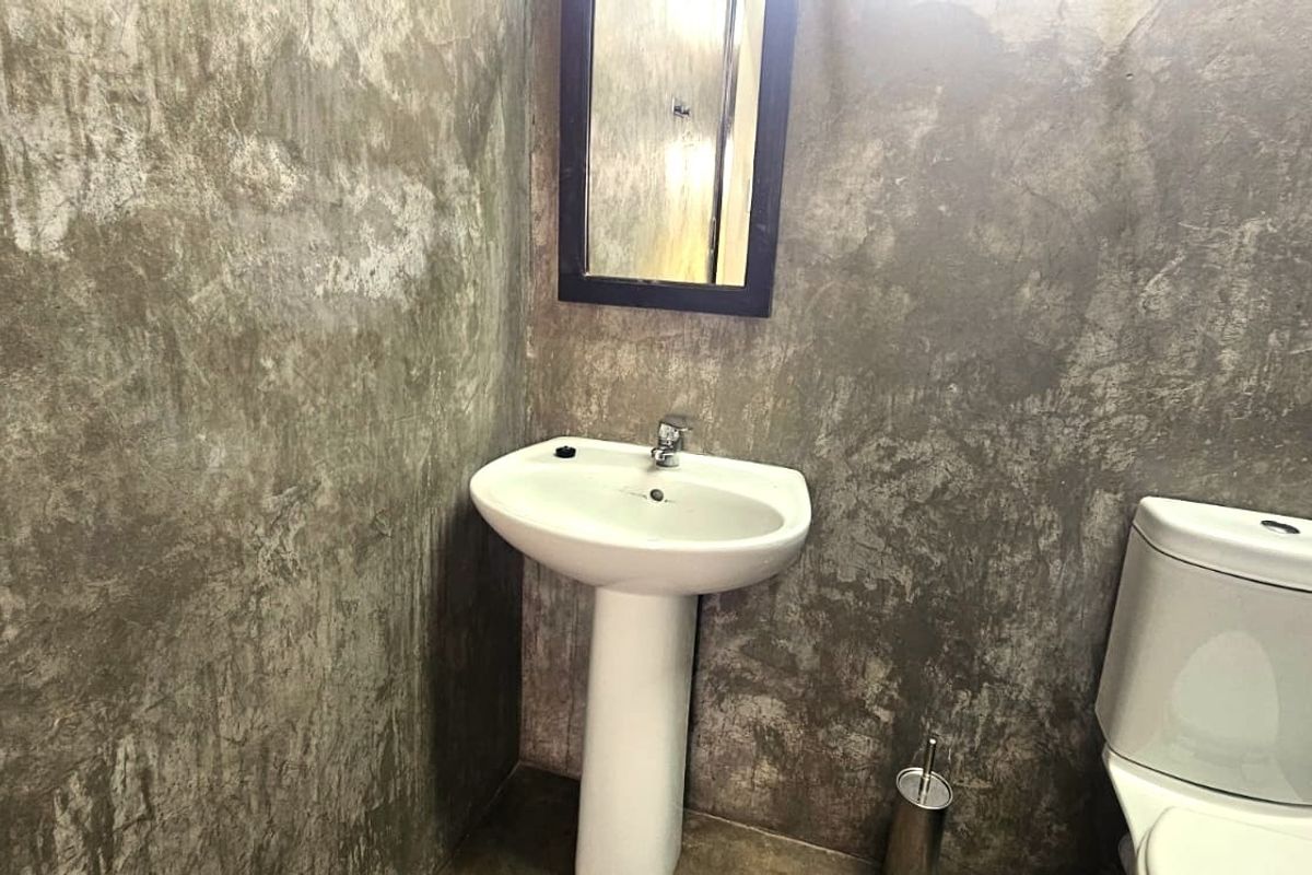 A compact bathroom featuring a pedestal basin, toilet, and industrial-style cement-finish walls.