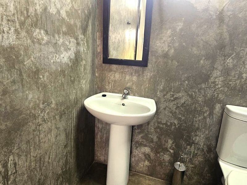 A compact bathroom featuring a pedestal basin, toilet, and industrial-style cement-finish walls.