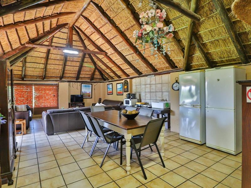 Open-plan living and dining area featuring a traditional thatched roof, exposed timber beams, and tiled flooring in a rustic farm-style setting.