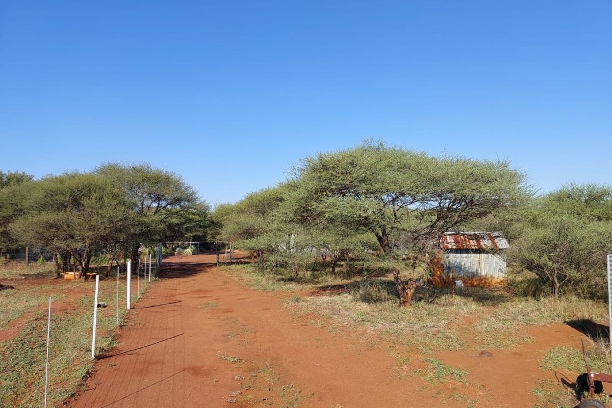 A rural farm landscape featuring a dirt access path, perimeter wire fencing, and a small, weathered corrugated metal structure.