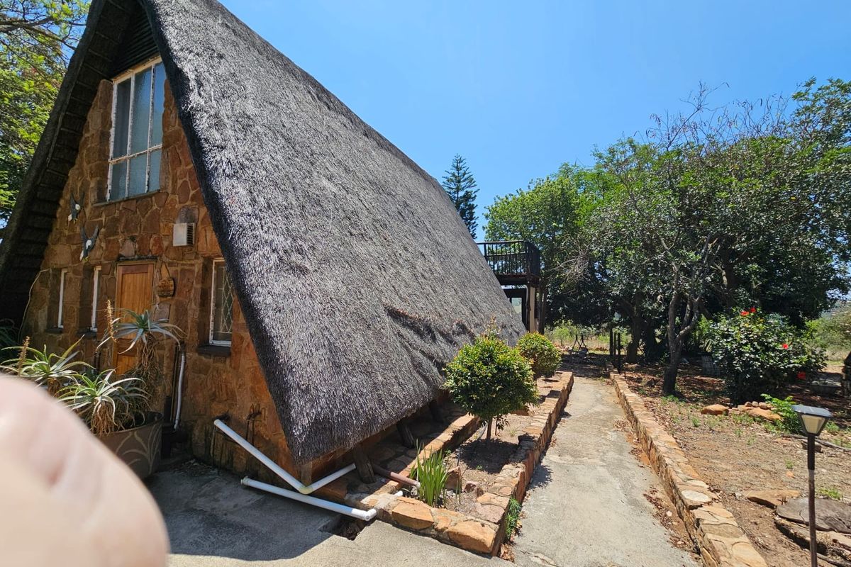 A side view of an A-frame house featuring natural stone cladding, a traditional thatched roof, and a concrete pathway leading through the garden.