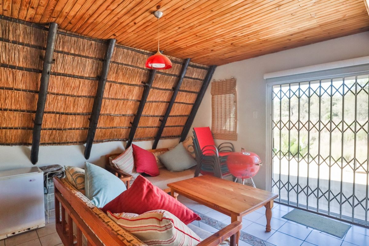 A rustic living area featuring a distinctive pitched thatch ceiling, tiled flooring, and a security gate leading to the outdoor space.