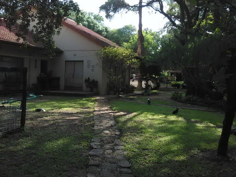 A view of the rear garden featuring a stone pathway leading towards the house, surrounded by mature trees and established lawn.
